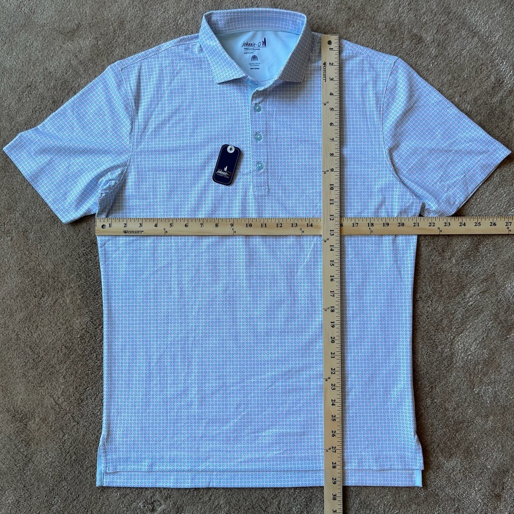NWT Johnnie-O Performance Mesh Polo - Light Blue, White, and Red Geometric